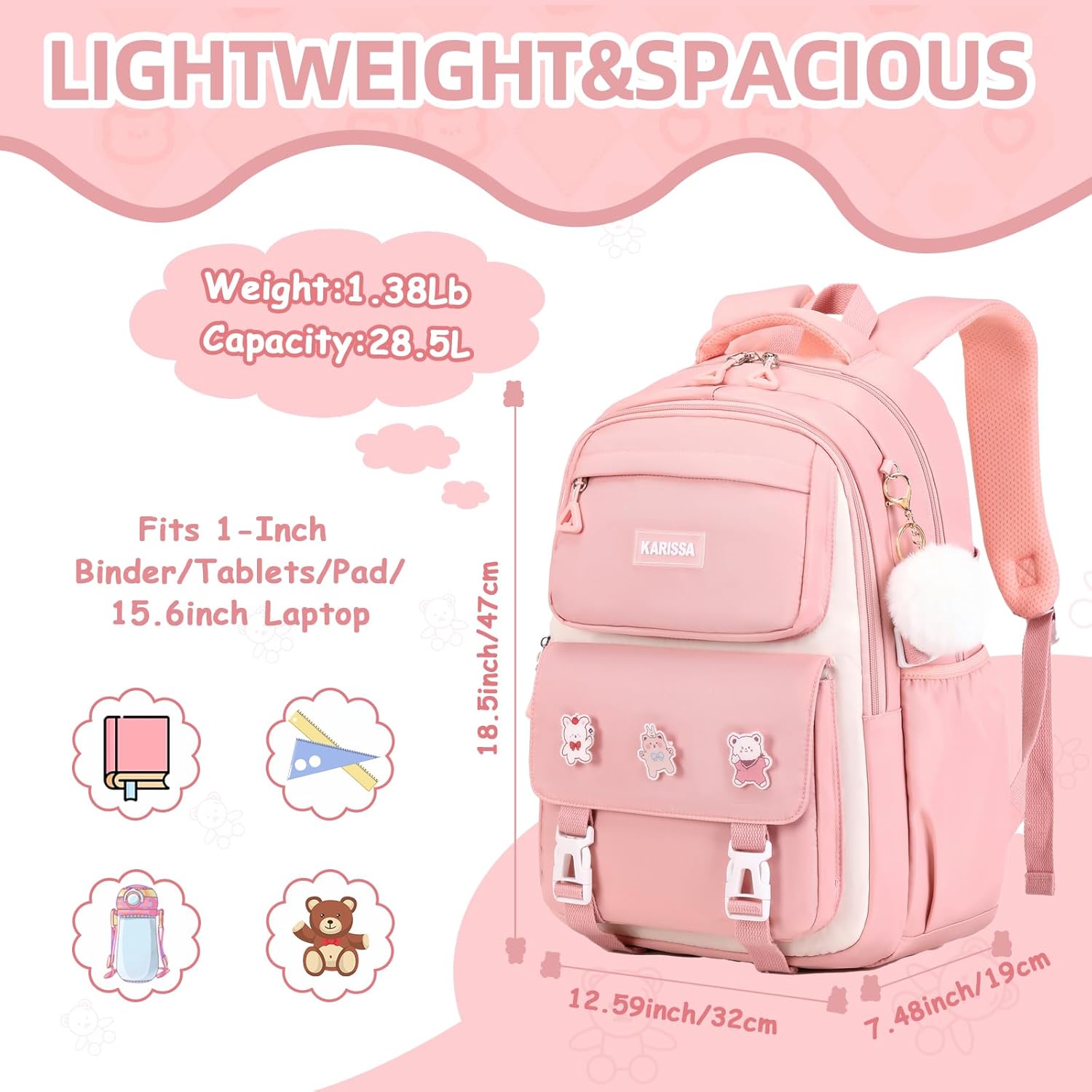 Girls Backpack, Kids Backpack for Girls with Anti-theft Back Pocket, Lightweight School Bookpack, Watrer Resistant, Bookbag for Elementary Primary School, Pink