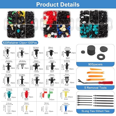 925Pcs Universal Car Trim Clips & Fasteners Kit with 5 Removal Tools 26 Sizes Auto Retainer Clips for Door Panel Fender Splash Shield Durable Nylon Plastic Rivets Set with Storage Case