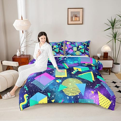 Miniatura 2 de Juego de edredón Galaxy tamaño queen, azul y morado estrellado, edredón acolchado, vintage de los años 80 y 90 Memphis para hombre, hipster, hip hop