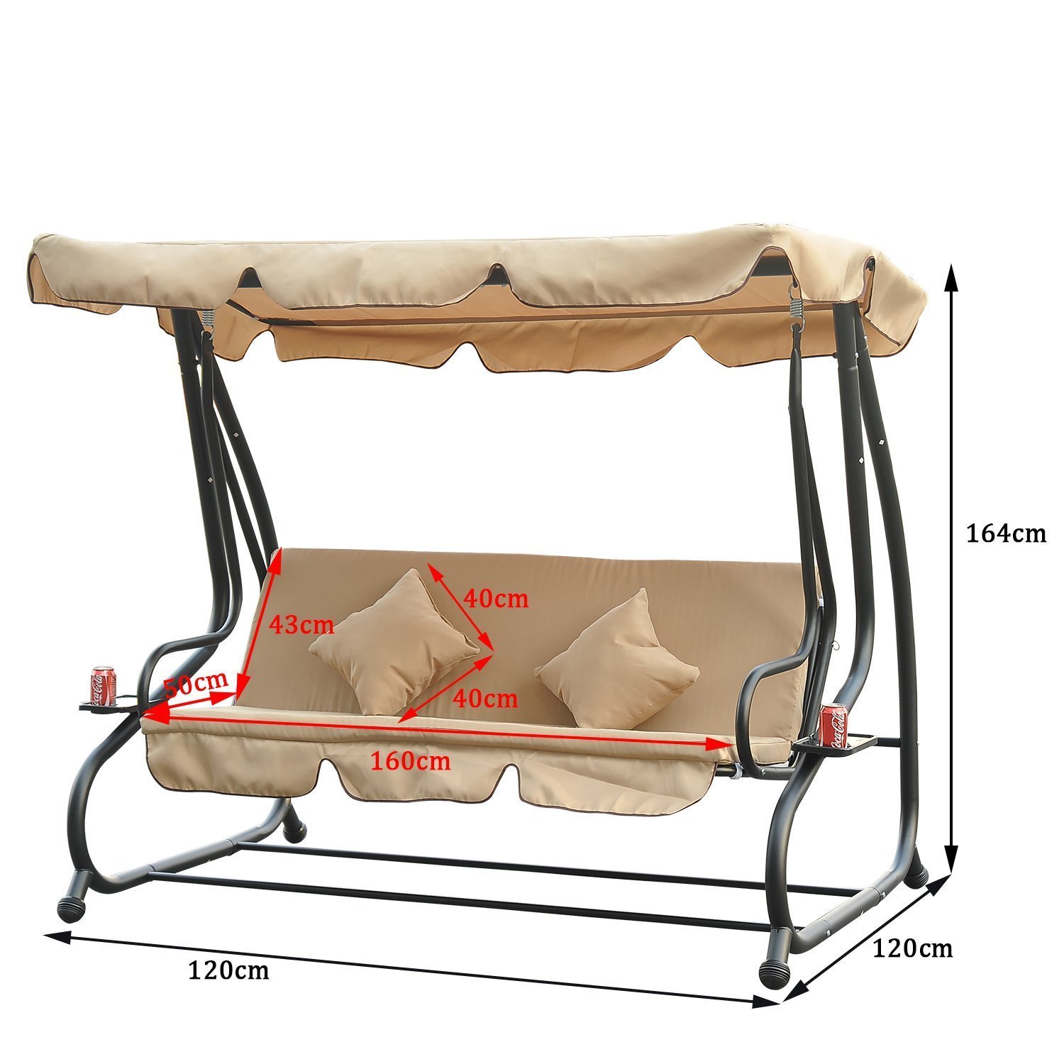 Dondolo da giardino a 3 posti, 200 x 120 x 164 cm, 2 cuscini, reclinabile, con ombrellone