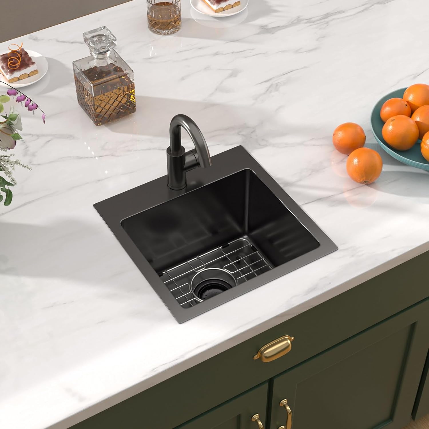 15x15 Inch Black Drop In Bar Sink with Faucet, 16 Gauge 304 Stainless Steel Single Bowl Wet Prep Sink for Kitchen Bar, RV, Outdoor, and Boat, Gunmetal Black #TLT-0017