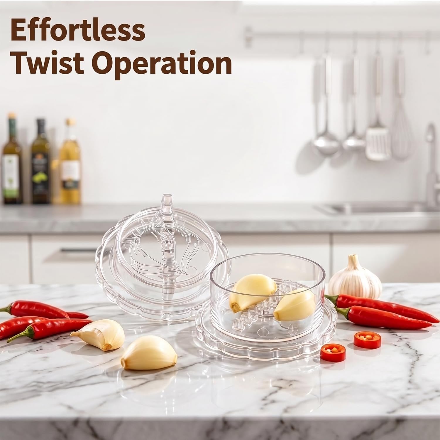 2 Pack Transparent Garlic Press, Manual Garlic Crusher and Mincer—Plastic Garlic Grinder and Chopper, rotary chopper suitable for garlic, chili peppers, compact and space-saving