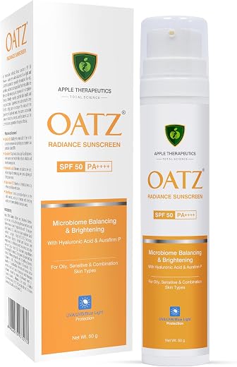 APPLE THERAPEUTICS Oatz Radiance Face Sunscreen SPF 50 PA++++ 50g | Gel Based for Acne Oily & Sensitive Skin | Hyaluronic ...
