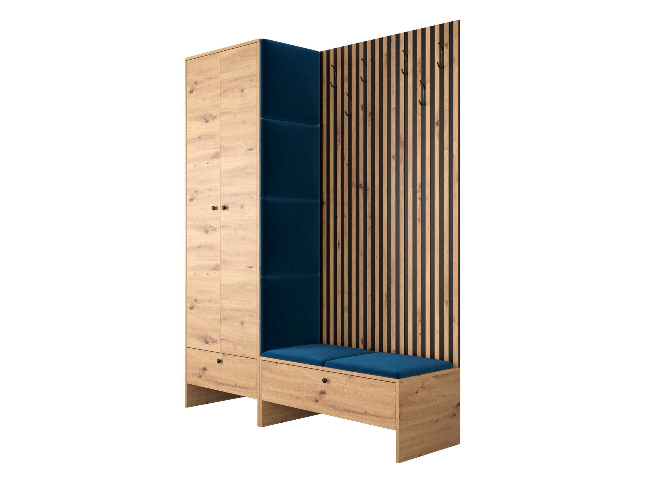 Mirjan24 Garderoben-Set Melire III Kleiderschrank Schuhschrank Lamellen Paneel mit Kleiderhaken Gepolstertes Paneel Wandpaneel Kleiderstange Wandgarderobe Flurgarderobe Eiche Artisan Manila 26