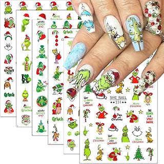6Pcs Christmas Nail Stickers 3D Funny Cartoon Green Monster Design Xmas Nail Decals Self Adhesive Santa Claus Snowflakes Winter Nail Art Stickers Christmas Decoration Sticker for Acrylic Nails DIY