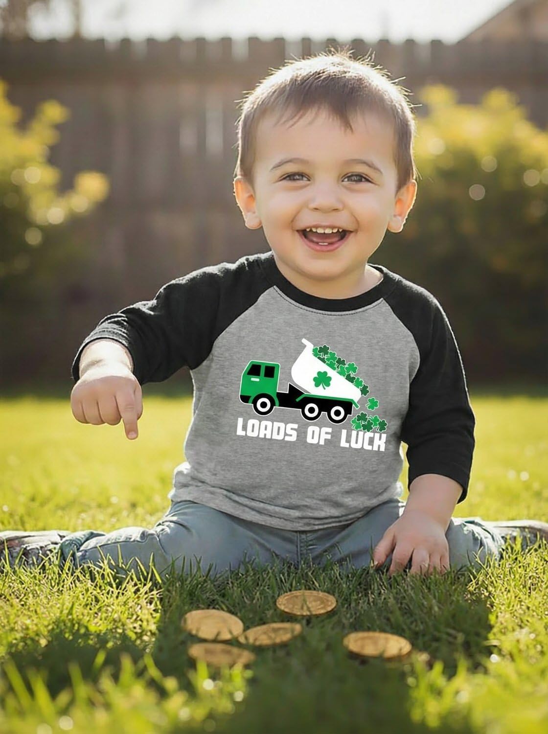 Tstars St Patrick's Day Toddler Raglan Shirt - Dump Truck Construction Shamrock 3/4 Sleeve Kids Tee