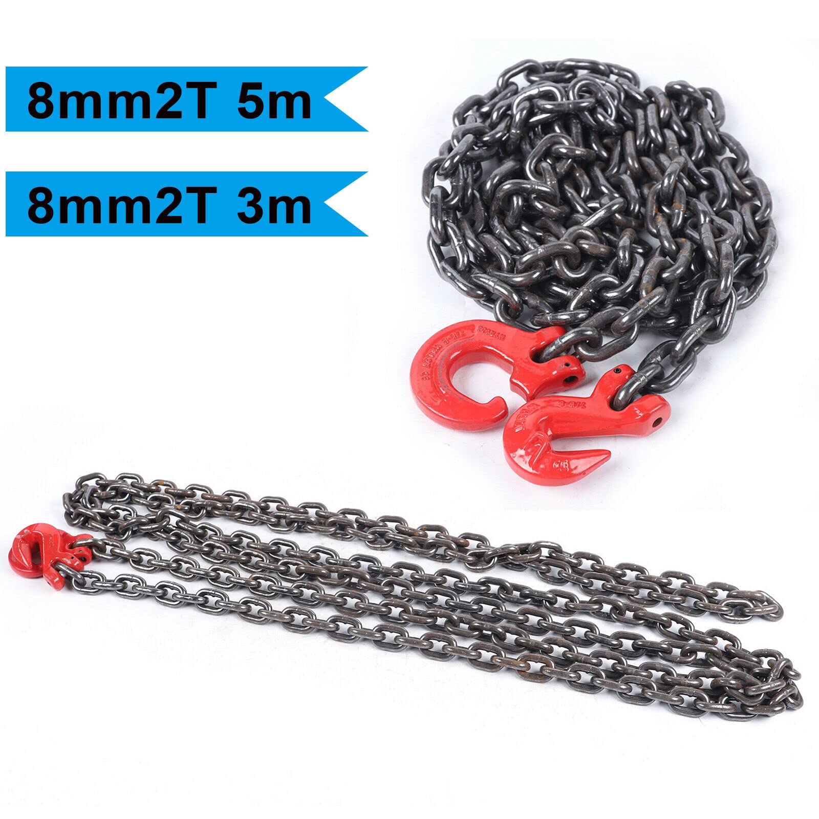 Forstkette Rückekette, 3m/5m Anschlagkette Kettengehänge Krankette Schleppkette Kettenzug Hebe Hebekette 1 Strang 8mm 2T Tragfähigkeit (5M)