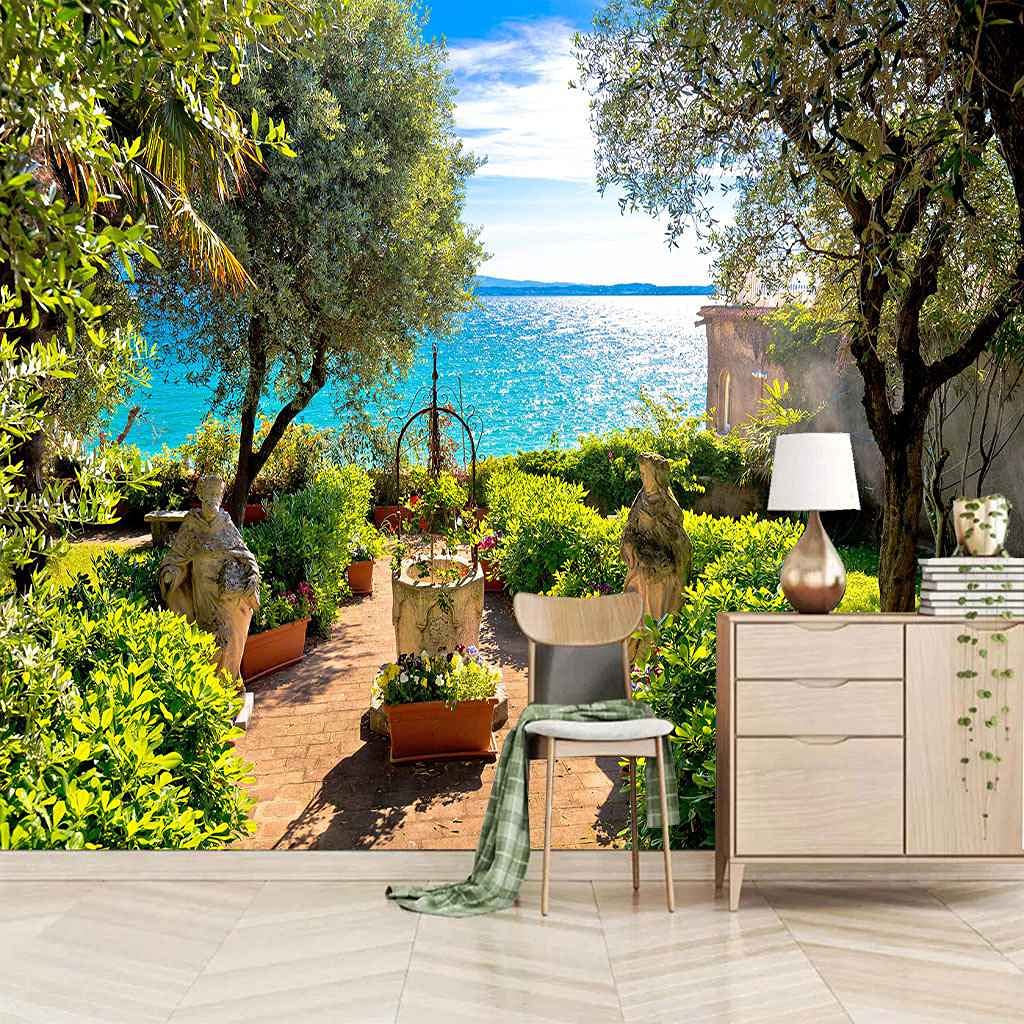 Photo papier peint murale jardin verdoyant vue mer auto-adhésif 350x256 cm