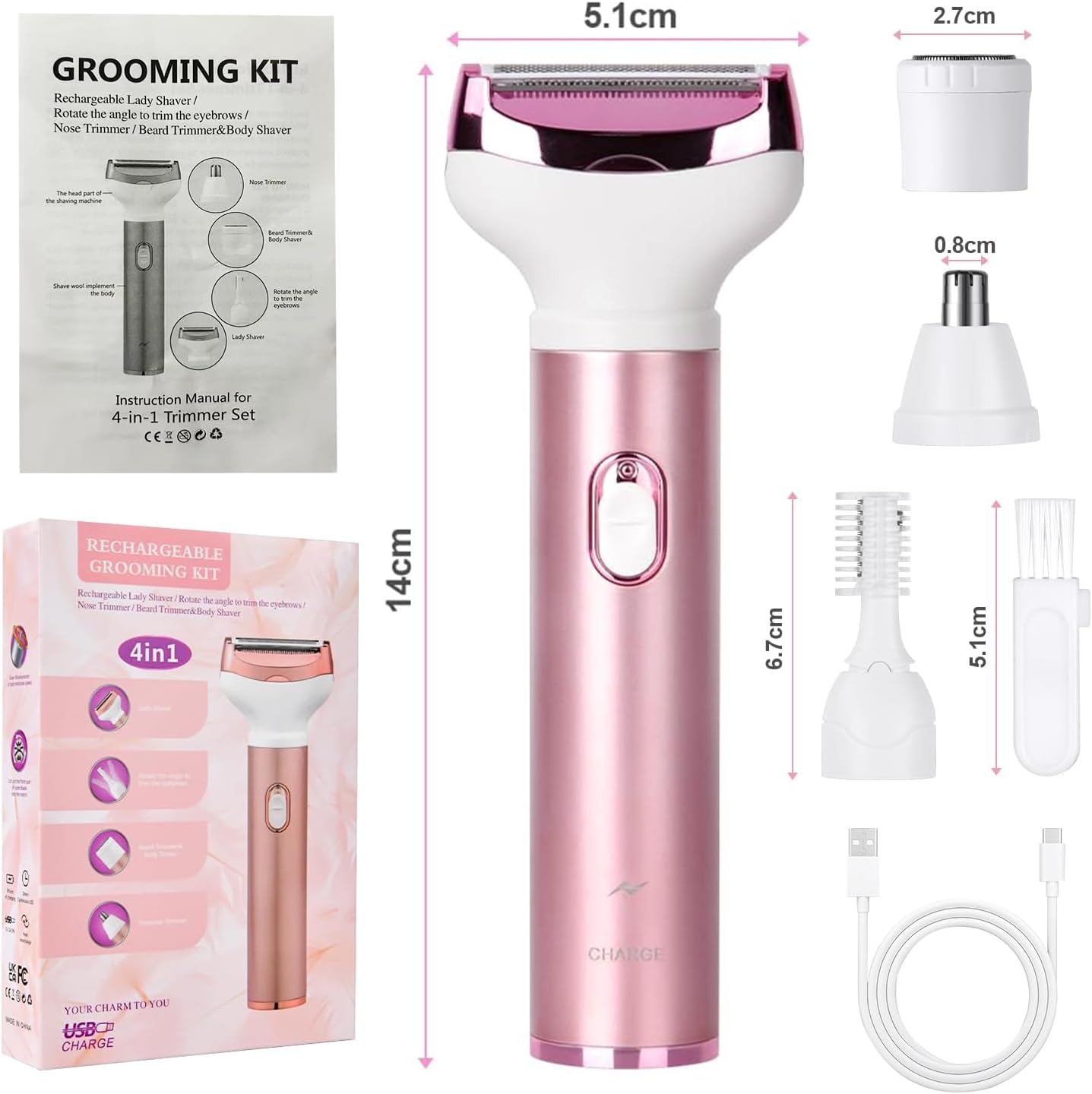 Wet & Dry Electric Razor for Women Body Razors 4-in-1 Facial Hair Remover Electric Shaver and Facial Hair Remover Painless Ladies Body Razors for Nose Face Body Leg Bikini Arm Hair - Image 8