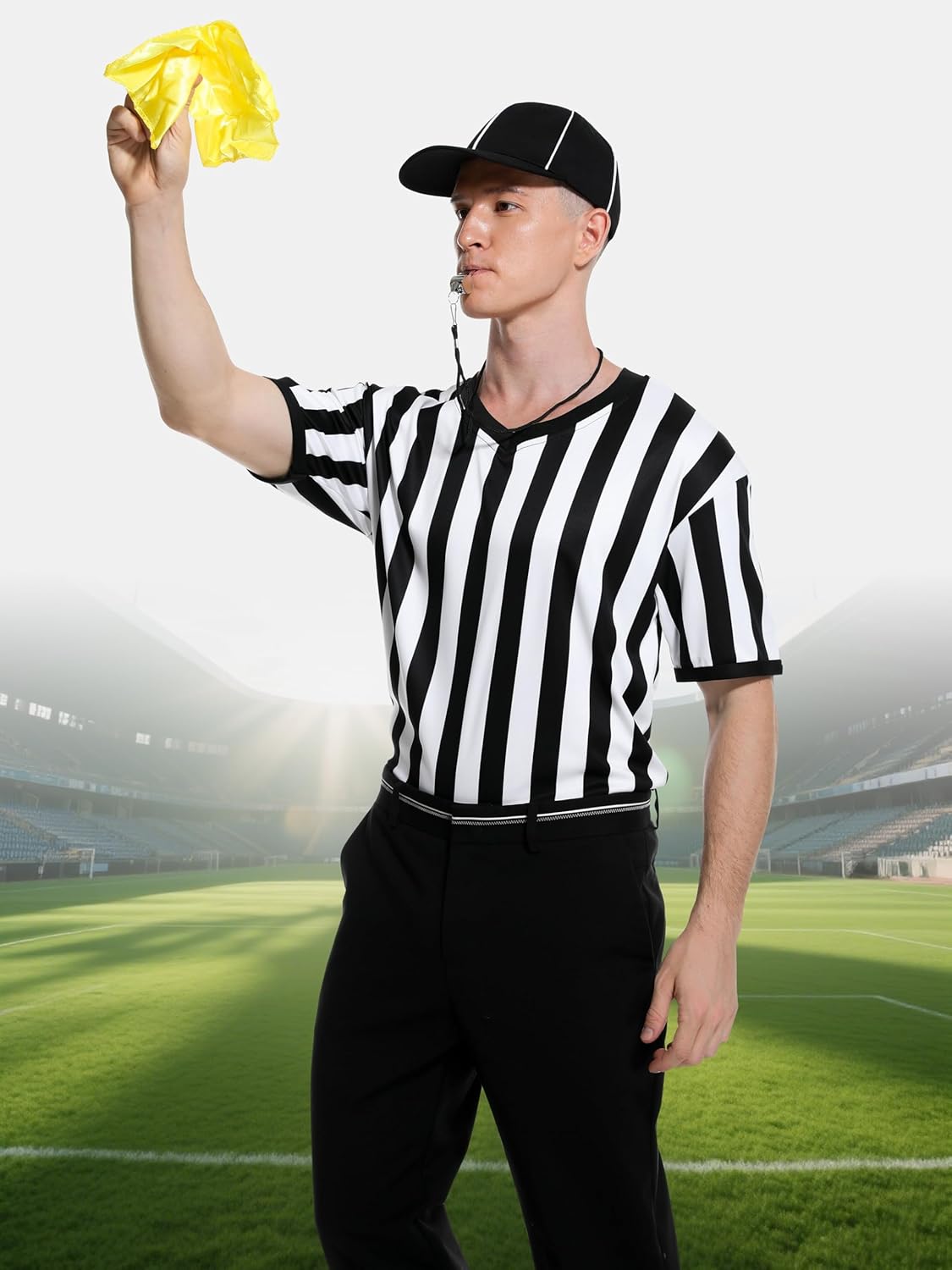 4 Pcs Referee Shirt, Referee Costume Men Women V-Neck Ref Shirt Hat Ref Whistle Penalty Flag for Football Soccer Player - Image 7