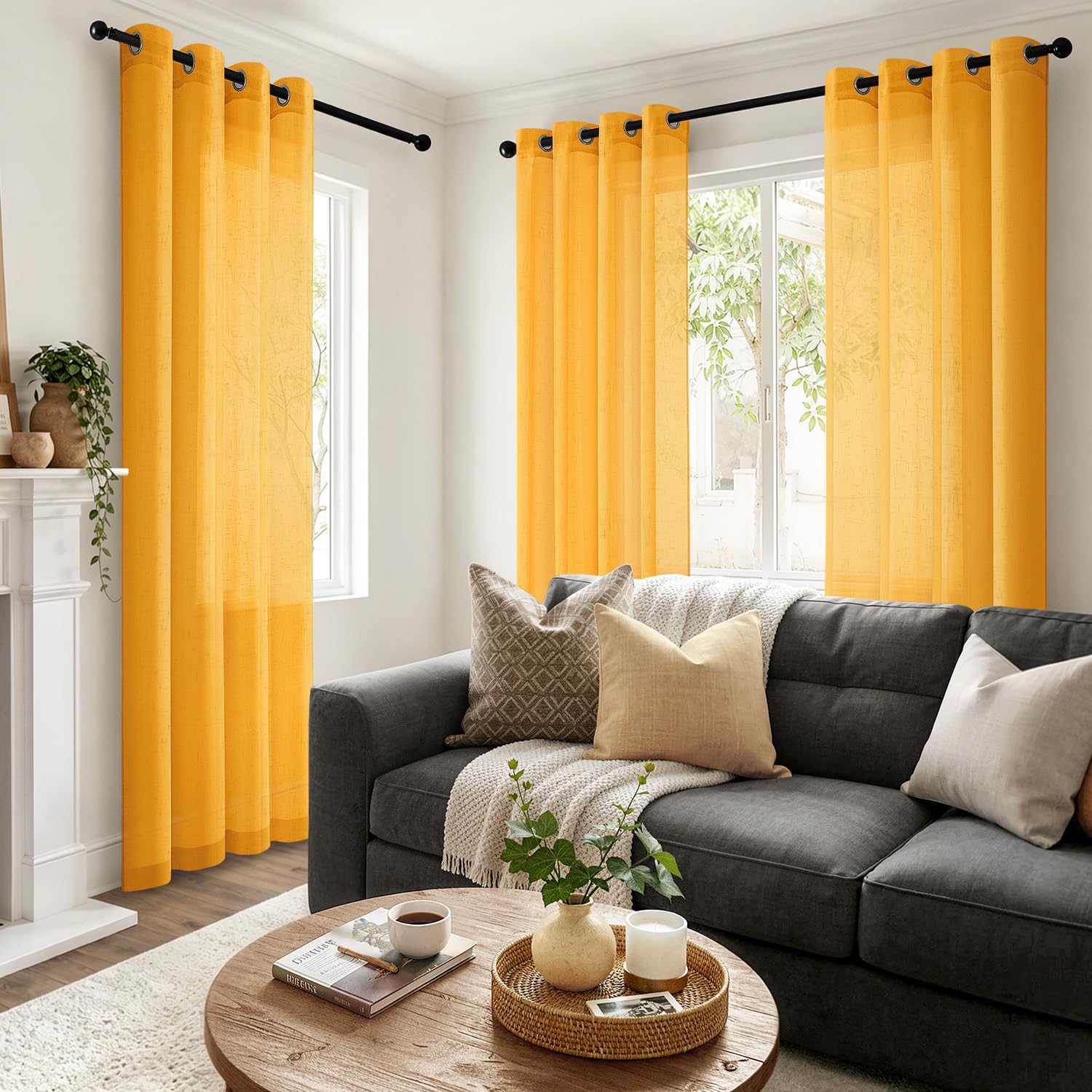 Woaboy Tende Trasparenti con Occhielli 2 Pezzi 140x260 cm Giallo brillante | Tende per Interni in Leineoptik Effetto Lino Filtro Luce e Privacy per Soggiorno e Camera da Letto