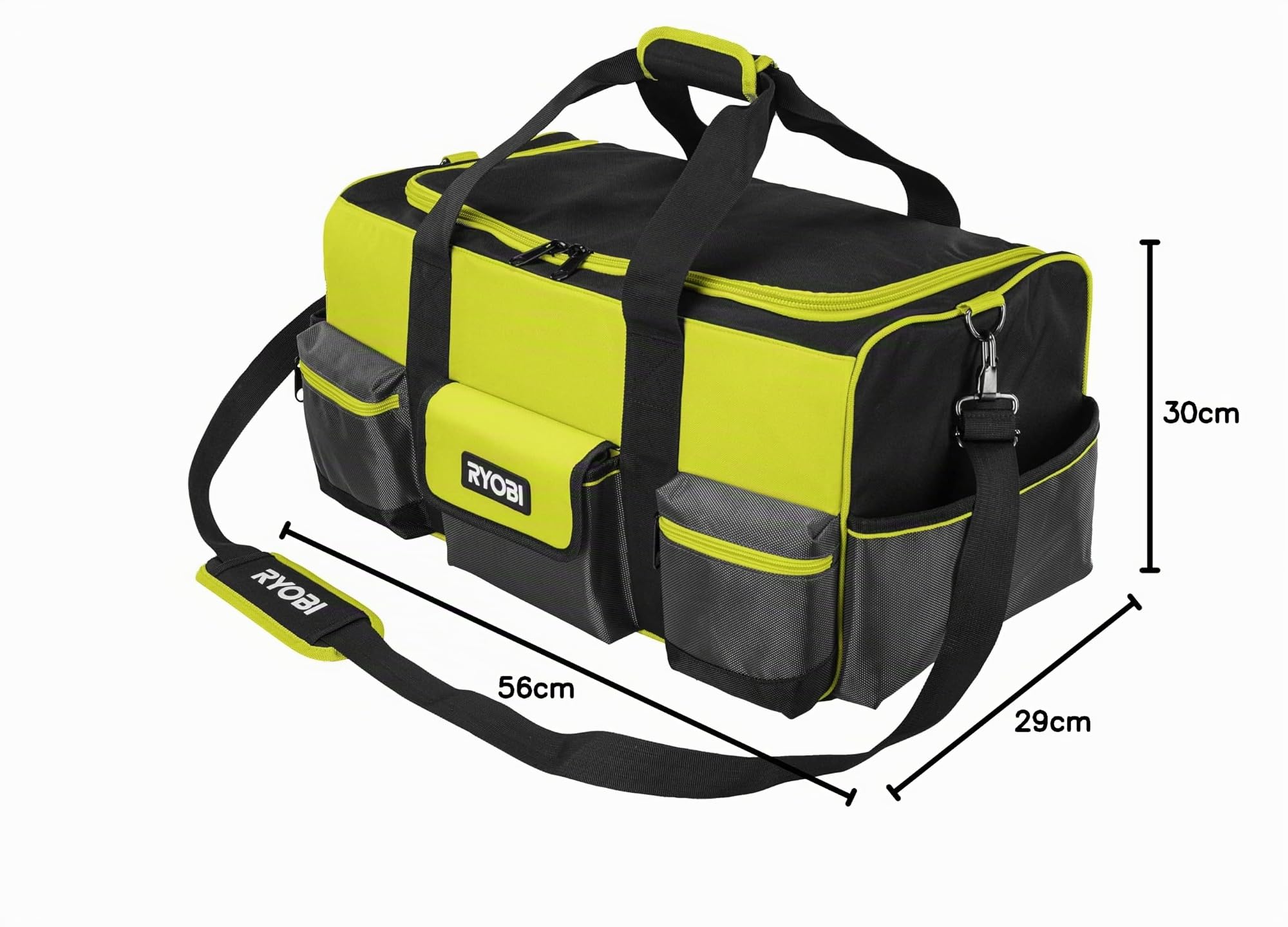 RYOBI Handwerkertasche mit Schultergurt Größe L RSSLTB1 (3 x Fronttaschen, 1x offene Tasche auf der Rückseite, 2 x Seitentasche, 8 x Schlaufen für Handwerkzeuge im Innenbereich, 1x Innentasche)