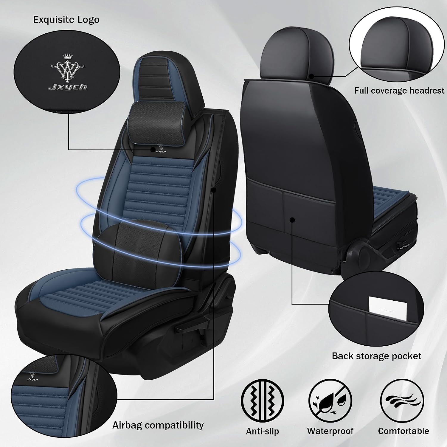 Seat Covers Fit for Volkswagen Golf Alltrack 2017-2019 Premium Leather Car Seat Covers, Waterproof Non-Slip and Airbag Compatible, Fashion Car Seat Protector (Black Blue,5 Seats with Pillow)
