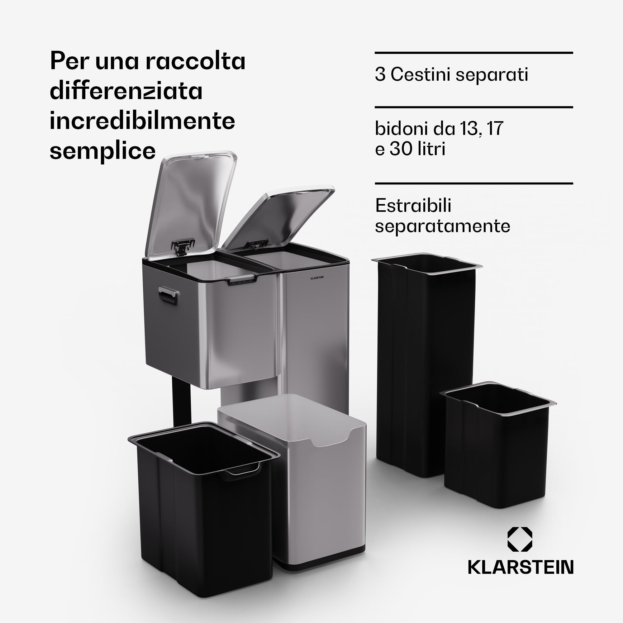 KLARSTEIN Cestino Differenziata 3 Scomparti in Metallo, Porta Rifiuti di Design da 60 Litri per Esterno, Interno e Ufficio