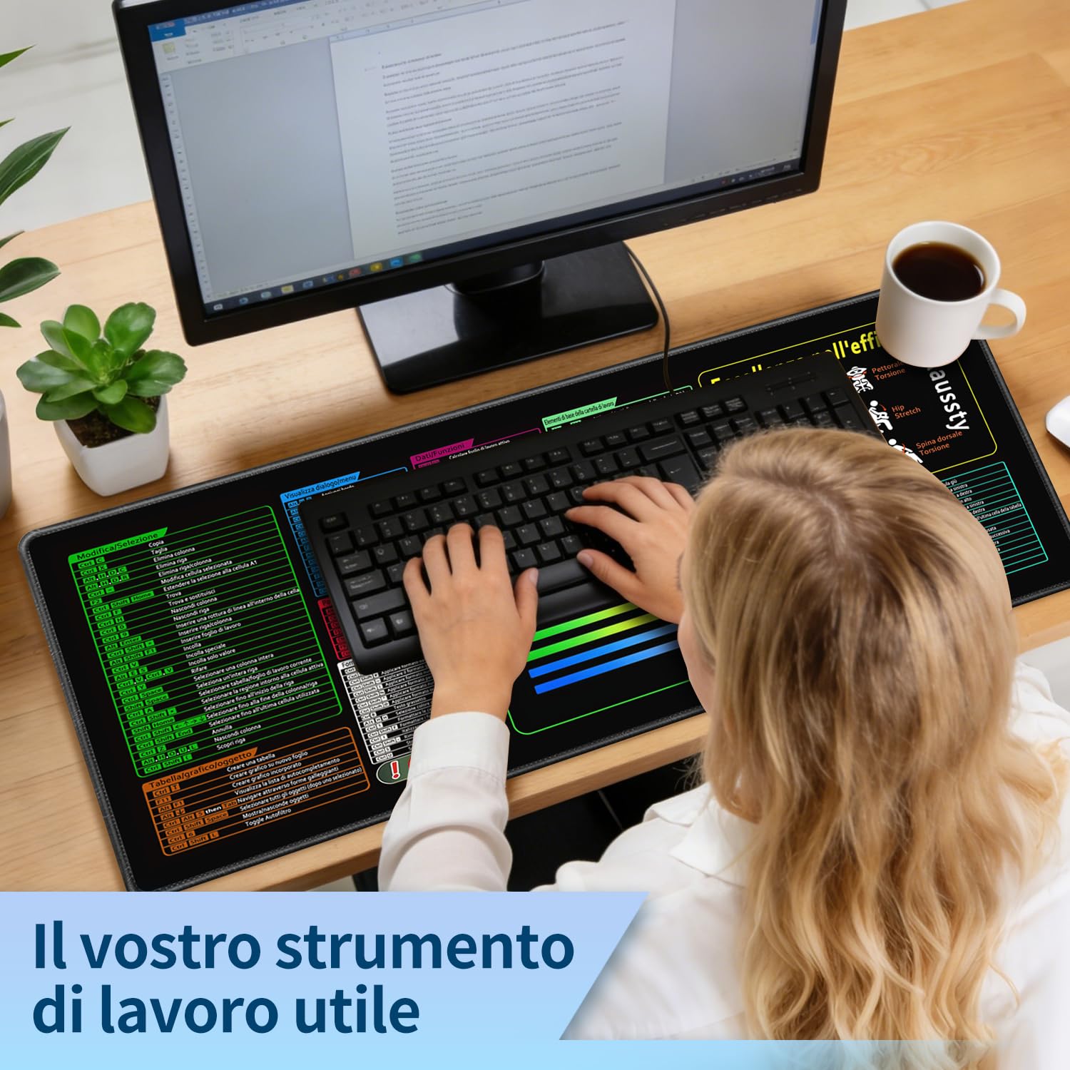 Tappetino Mouse XXL 900x400mm Impermeabile Antiscivolo per Scrivania con Scorciatoie Excel