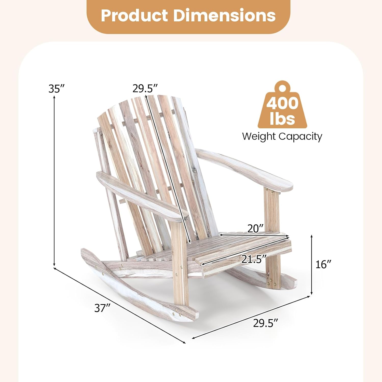 HAPPYGRILL Adirondack Rocking Chair Acacia Wood Porch Rocker with High Backrest, Wide Armrests and Sloped Seat, Outdoor Rocking Chair for Patio, Lawn, Garden and Deck, 400 lbs (2)