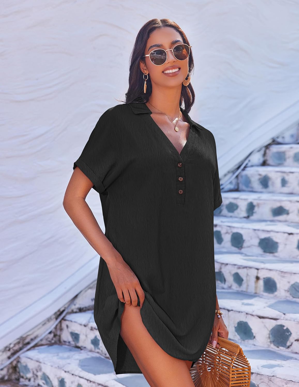 AI'MAGE Beach Cover Ups for Women Short Sleeve Swimsuit Coverup Button Down Bikini Bathing Suit Cover Up Dress Shirt - Image 2