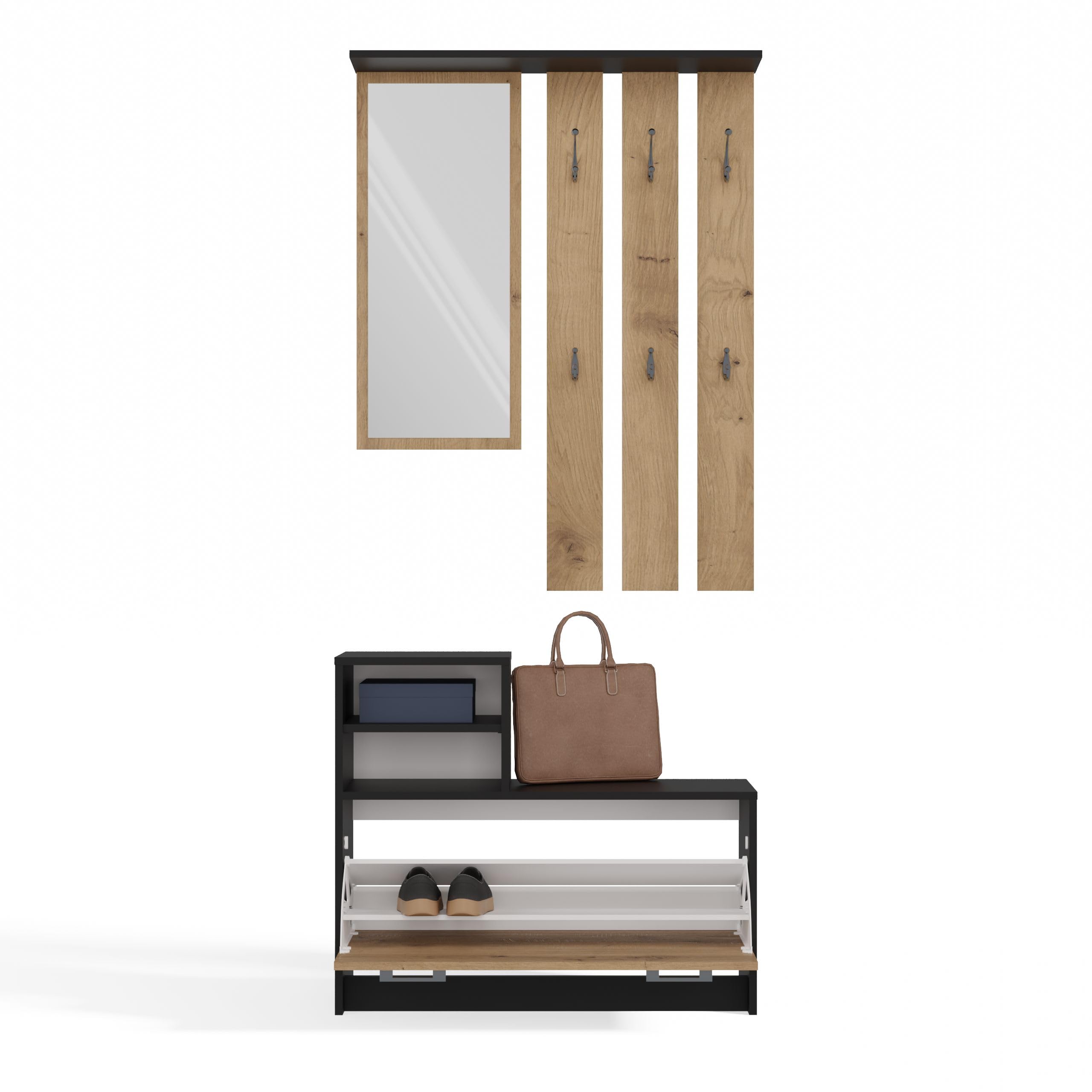 CDF Ensemble Meubles Entrée Complet Vestiaire Miroir Porte-Manteaux Mural 6 Crochets Armoire à Chaussures 9 Paires Rangement Couloir Moderne Compact Placard 85 x 24 x 180 cm Chêne Artisan Anthracite