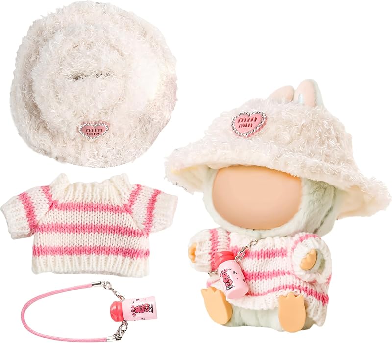Chritice 3 Stück Puppenkleidungs Set für Puppe,Kompatibel mit Labubu,Rosa Pullover,Hut & Wasserflasche,Vinyl Plüschtier Rosa Outfit Accessoires Puppenzubehör für Puppen