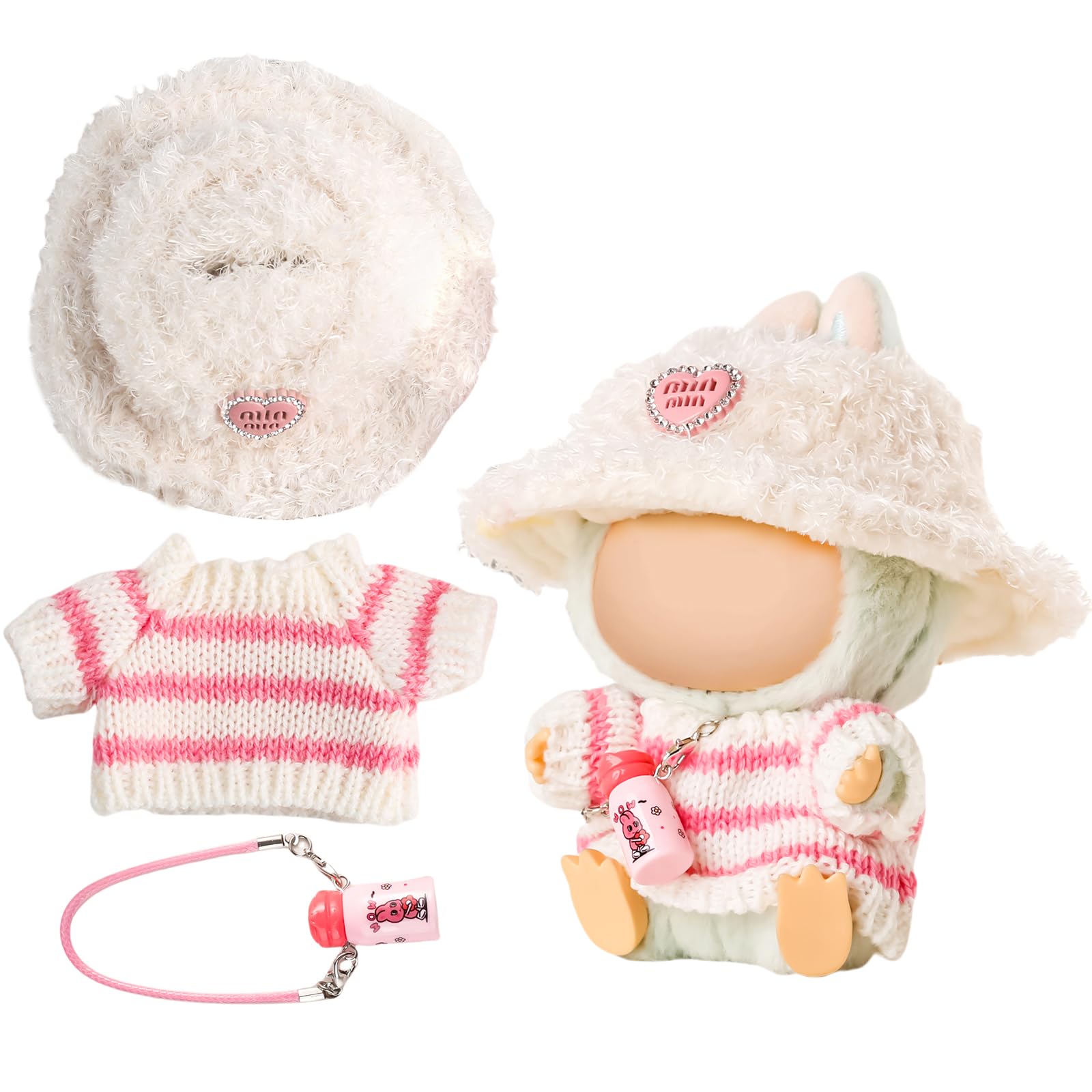 Chritice 3 Stück Puppenkleidungs Set für Puppe,Kompatibel mit Labubu,Rosa Pullover,Hut & Wasserflasche,Vinyl Plüschtier Rosa Outfit Accessoires Puppenzubehör für Puppen