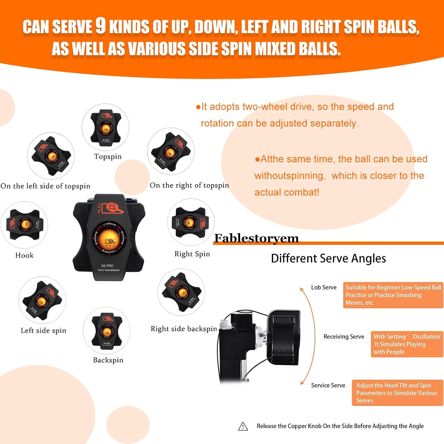 Different spin types and serve angles of the S6-PRO robot