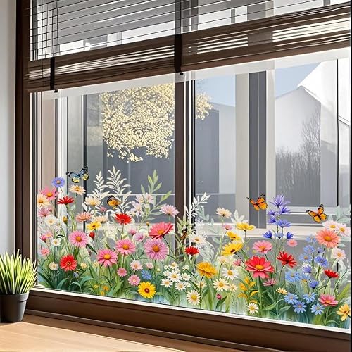 Large Flower Window Stickers 60x30cm - Static Cling Window Decals, Reusable No Glue Floral Window Clings for Home Decor, Party Decorations