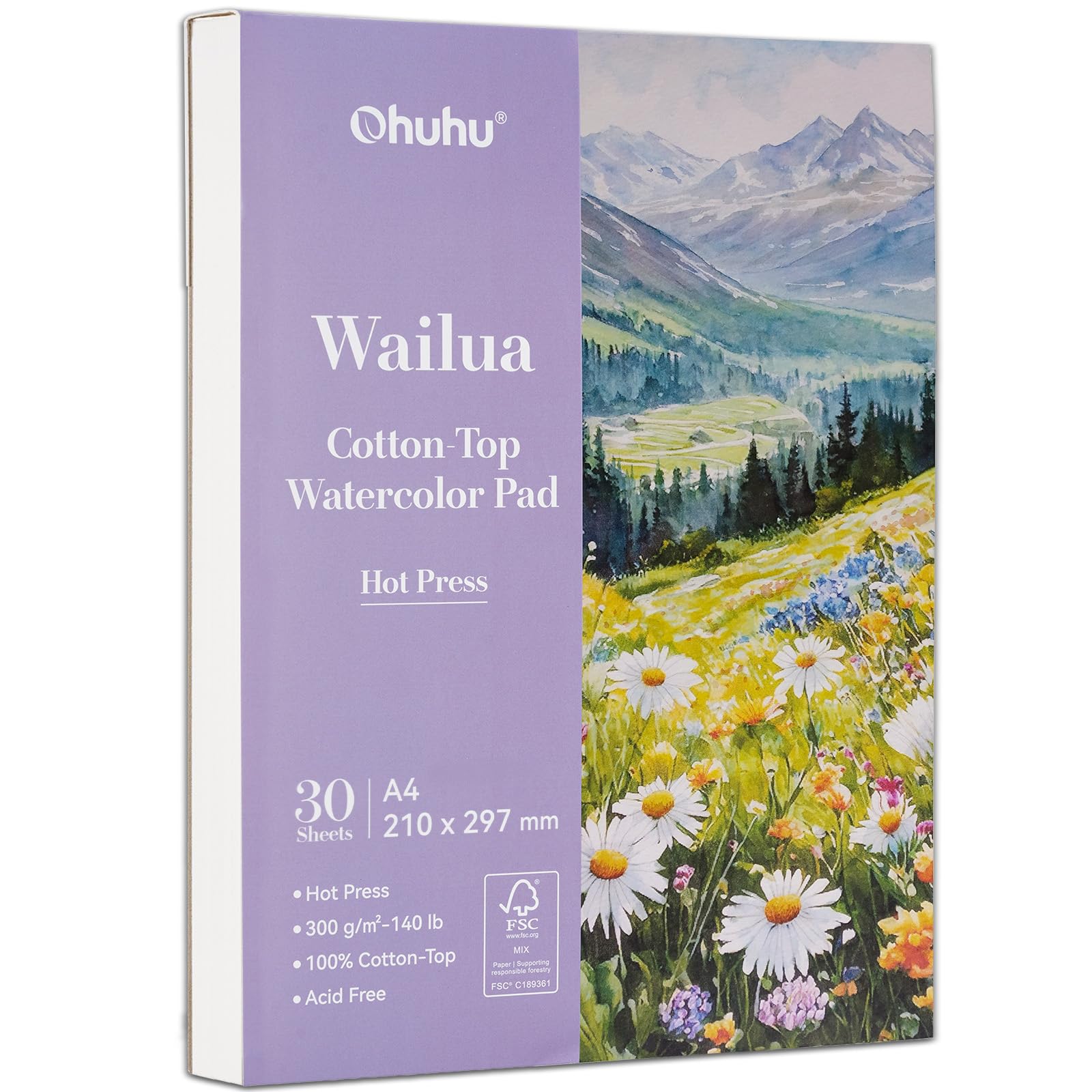 Ohuhu Aquarellpapier A4, 30 Blatt 300g/m² Heißgepresst - 100% Baumwoll-Oberfläche mit Patentierter Technologie, Säurefreier Mixed-Media-Block für Aquarell, Tusche & Gouache