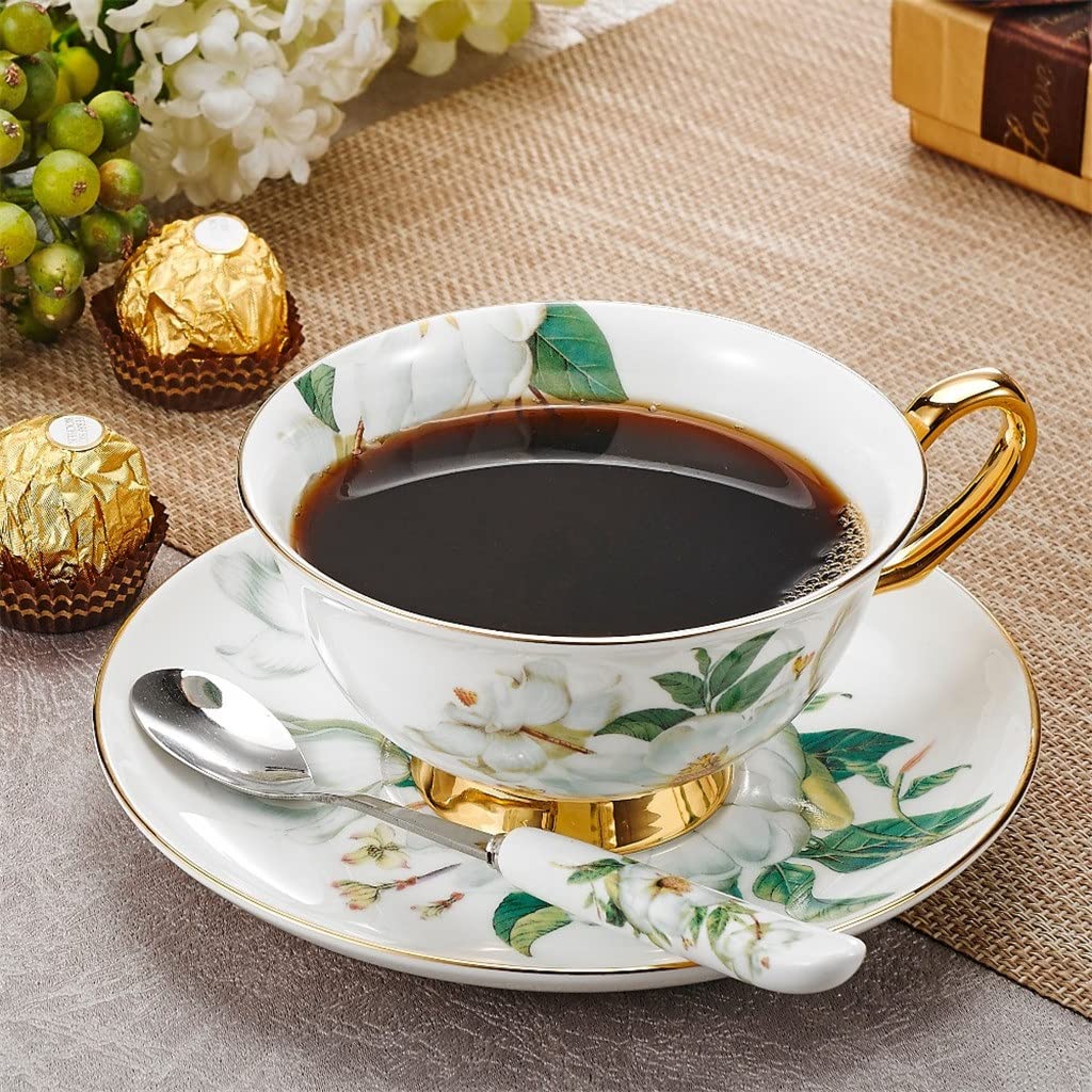 Kamellia wzór europejski porcelana kostna porcelanowy kubek do kawy wysokiej jakości popołudniowy kubek do herbaty zestaw ze spodkiem i łyżką