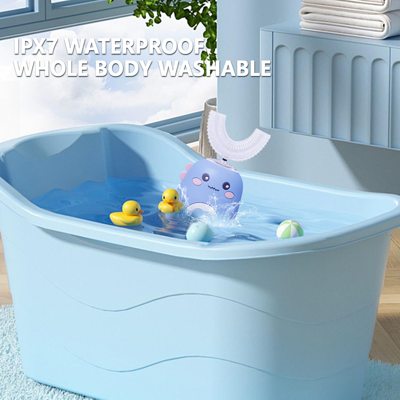 Cepillo de dientes ultrasónico 360º para niños, cepillo de dientes eléctrico con 2 cabezales de cepillo de silicona en forma de U, cepillo de dientes automático con luz LED y aspecto de dinosaurio