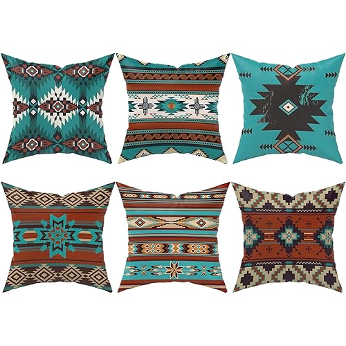 Aztec Throw Pillow Covers Set of 6, Western Southwest Rustic Turquoise Home Decor Tribal Navajo Mexican Outdoor Couch Decorative Cushion Case 18"X18"