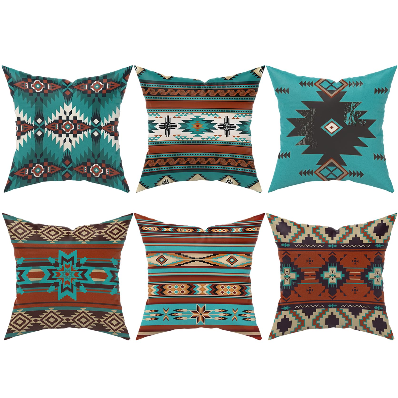 Aztec Throw Pillow Covers Set of 6, Western Southwestern Rustic Turquoise Home Decor Tribal Navajo Outdoor Couch Decorative Cushion Case 18"X18"