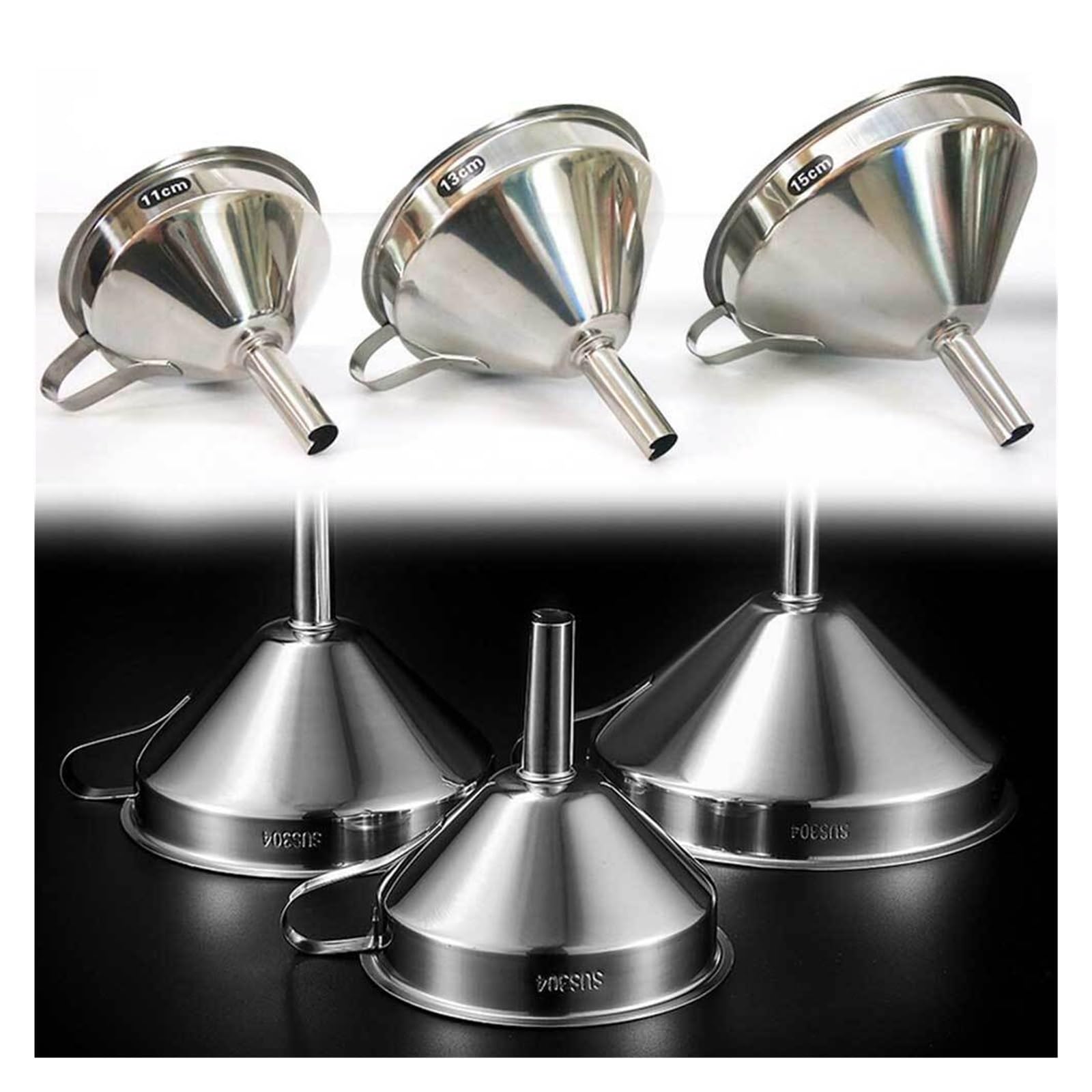 Embudo de Acero Inoxidable, Embudo de Cocina de Acero Inoxidable con asa Plateado 11-15 cm(XL 15CM)