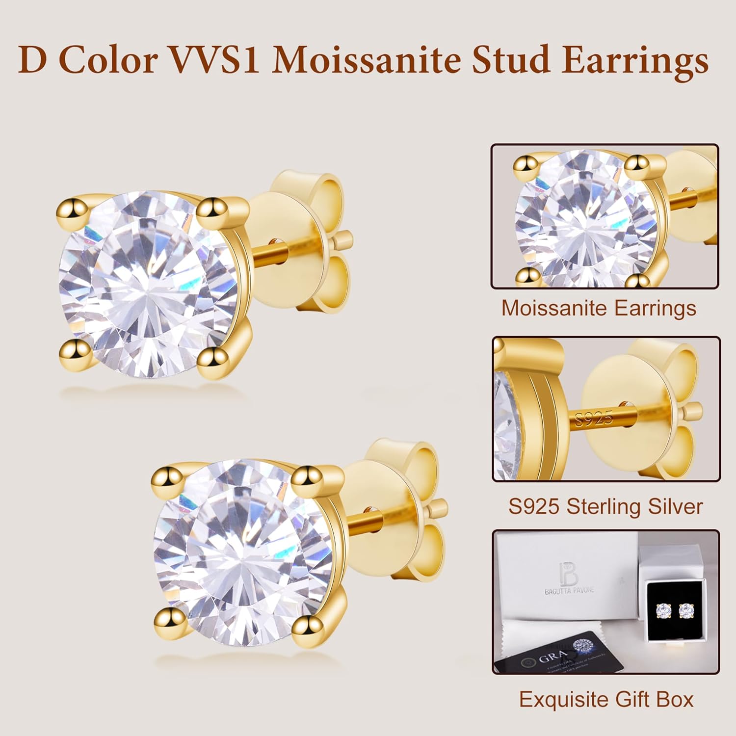 Moissanite Stud Earrings for Women,Women’s 0.6-4.2CT D Color VVS1 Round Cut Moissanite Earrings with 925 Sterling Silver Post,18K White Gold Plated Dainty Jewelry Earrings. - Image 4
