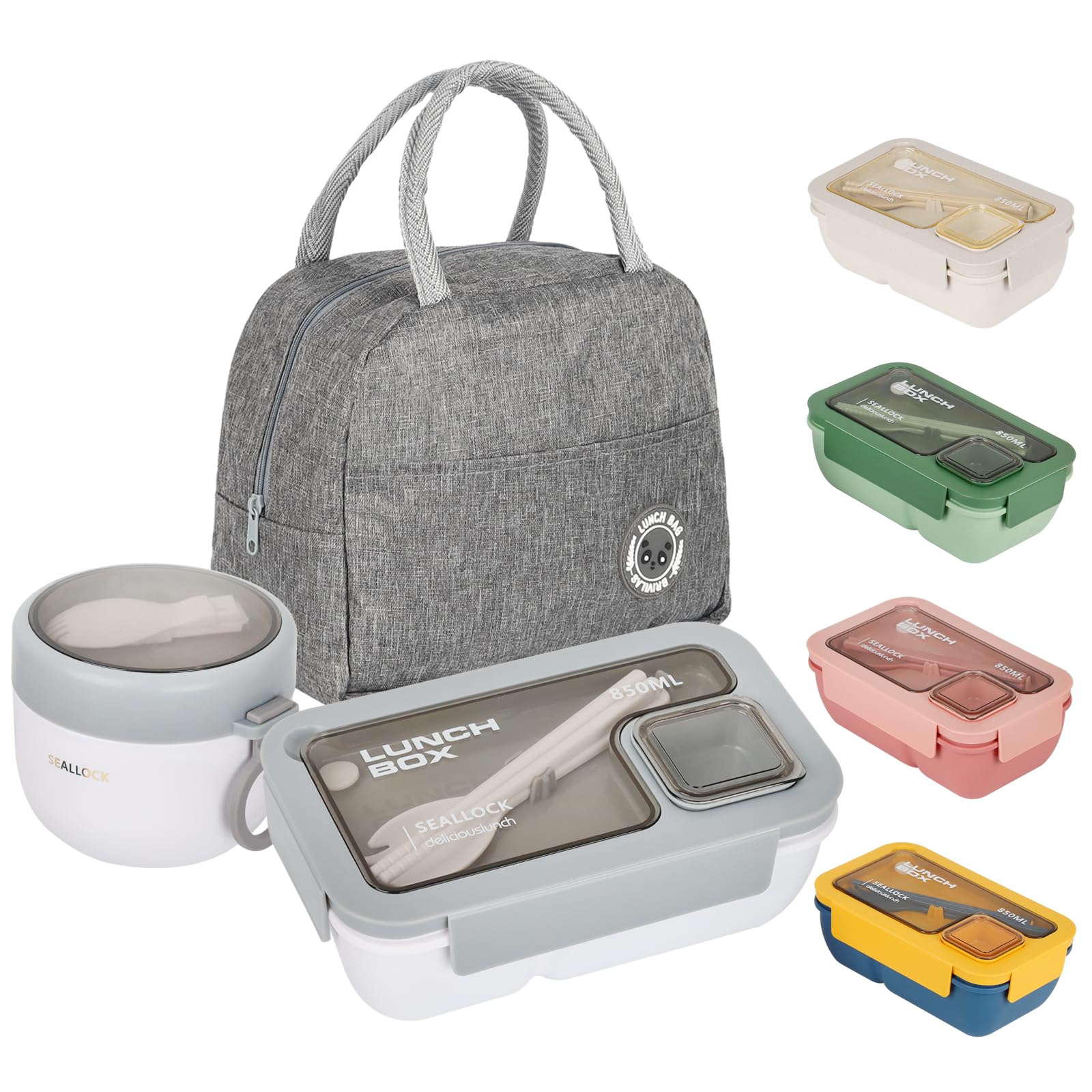 Esilihom Lunch Box Adults, Leakproof Bento Box Set with Lunch Bag, Utensils, Oats Container, for Men Women Student Office School, Food Storage with Fork & Spoon, Grey