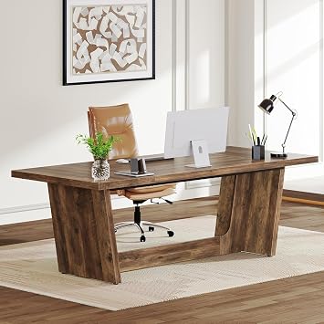 71" Executive Desk, Industrial Rustic Wood Computer Table with Solid Wooden Pedestal, Scratch- Resistant Finish, Large Writing Workstation for Study, Business, Home Office, Rustic Brown