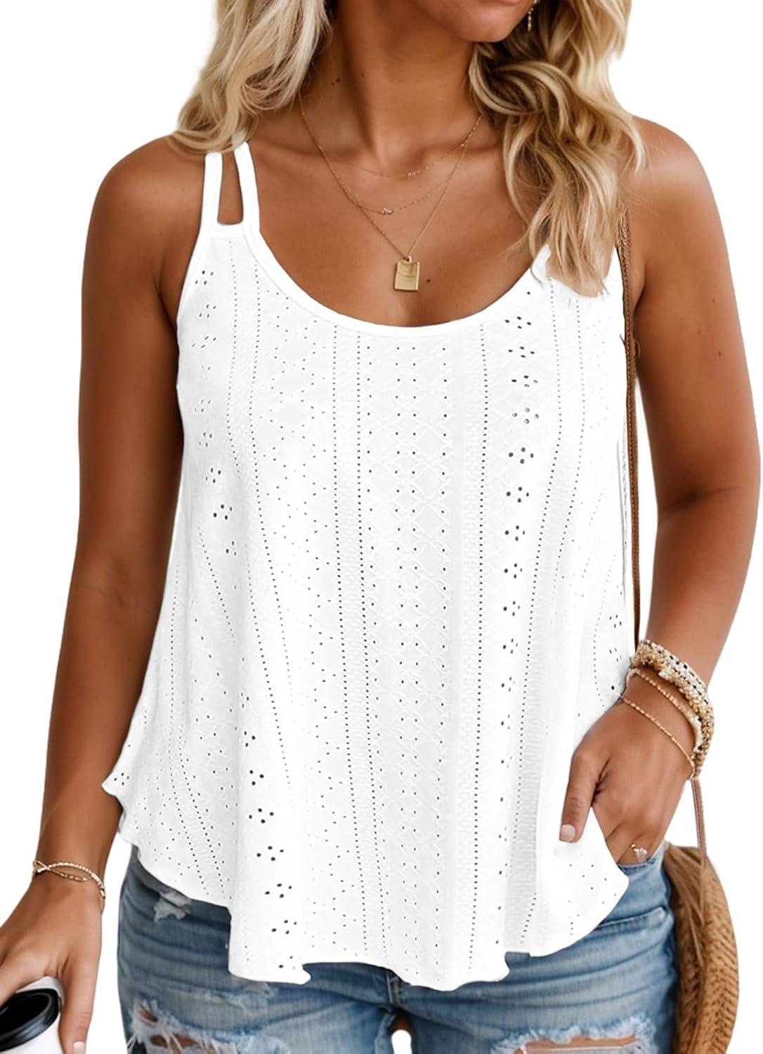 ROSRISS Womens Summer Plus Size Tank Tops Embroidery Scoop Neck Spaghetti Strap Camisoles Sleeveless Eyelet Shirts XL-5XL