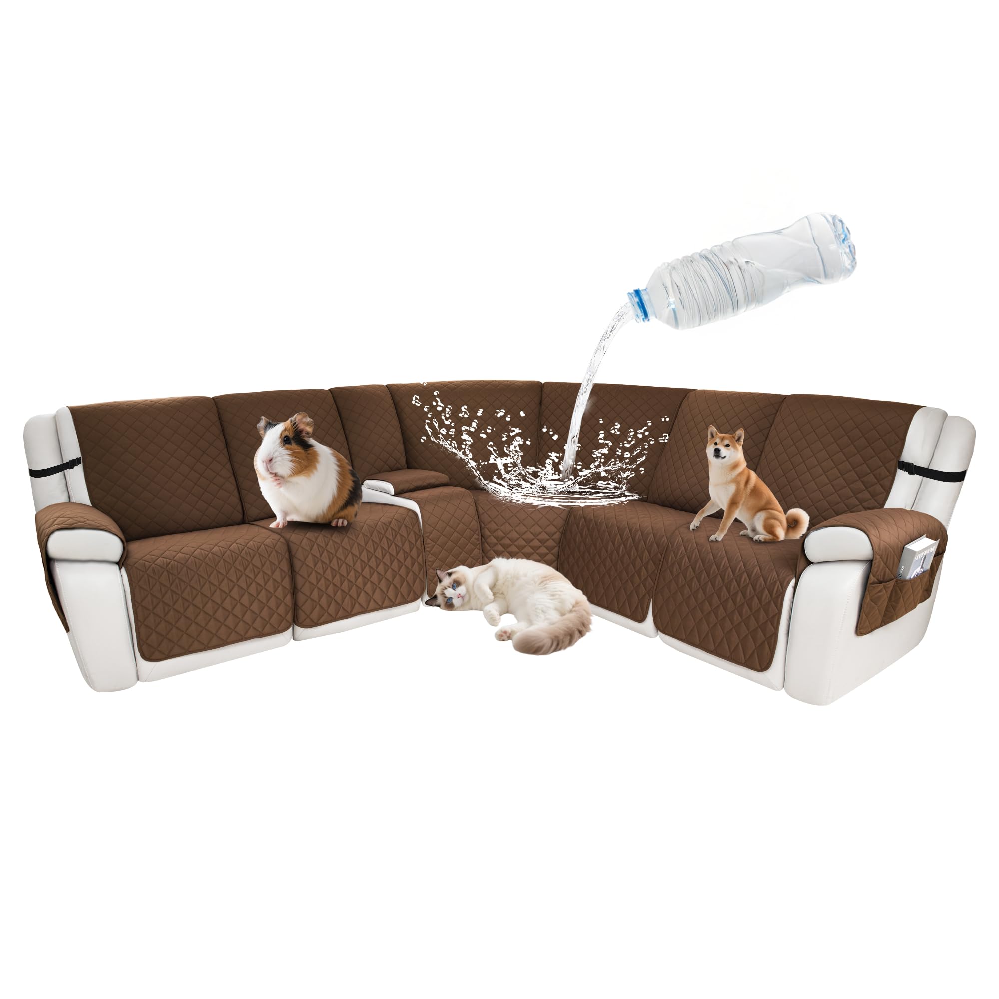 Waterproof Sectional Reclining Couch Covers L Shaped Recliner Sectional Sofa Cover 8 Piece Non Slip Washable Corner Recliner Slipcover Set for Pet Dog (5 Seater 1 Console Cover, Brown)