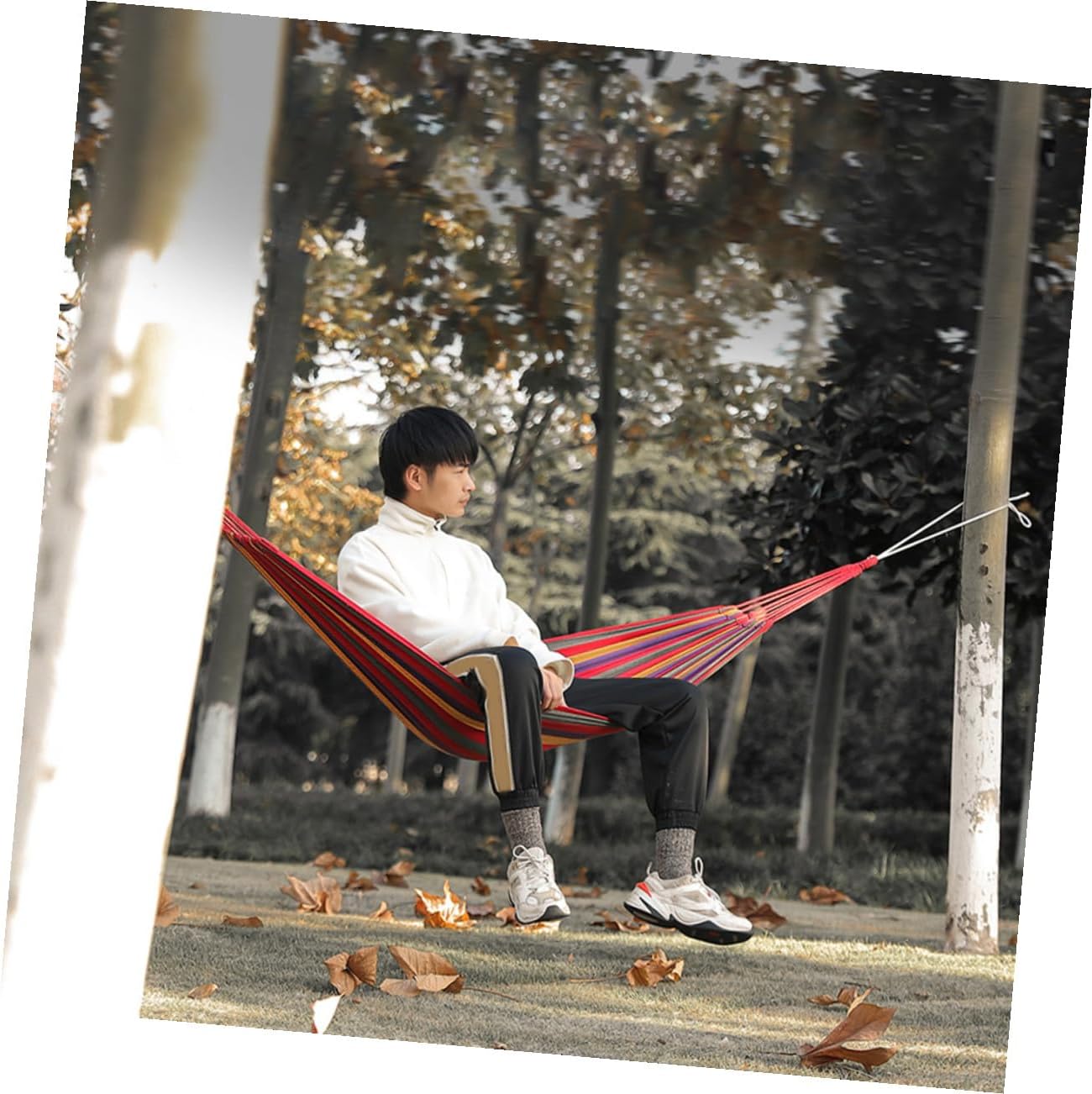 Single Camping Hammock Red Canvas Anti-Rollover Outdoor Swing Chair Comfortable Leisure Hammock for Travel and Patio Use