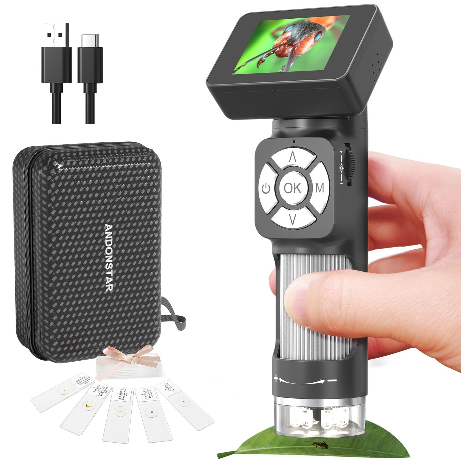 Microscopio Digital portátil AD112 con Pantalla LCD IPS de 2 Pulgadas - Microscopio de Bolsillo portátil con Aumento de 20X a 500X con grabación de Video de 1080p, 8 Luces LED