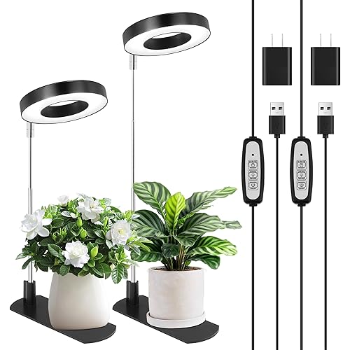LBW Grow Light for Indoor Plants, Full Spectrum Halo Plant Grow Light with Base, Height Adjustable Plant Lamp with Auto On/Off Timer 4/8/12H, 4 Dimmable Brightness, for Small Plants, Black, 2 Packs