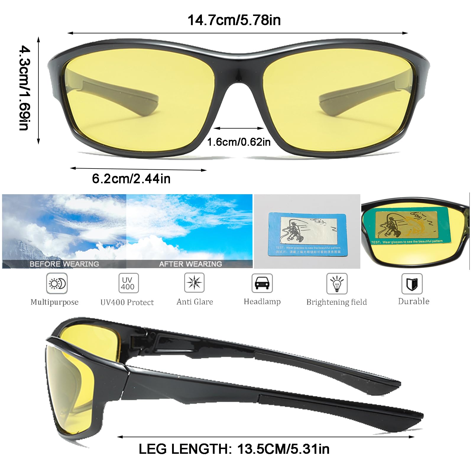 Long Keeper Polarized Night Vision Sunglasses Night Driving Glasses for Men Women Anti Glare Wraparound Sun Glasses (ShinyBlackLegsYellowLens) - Image 3