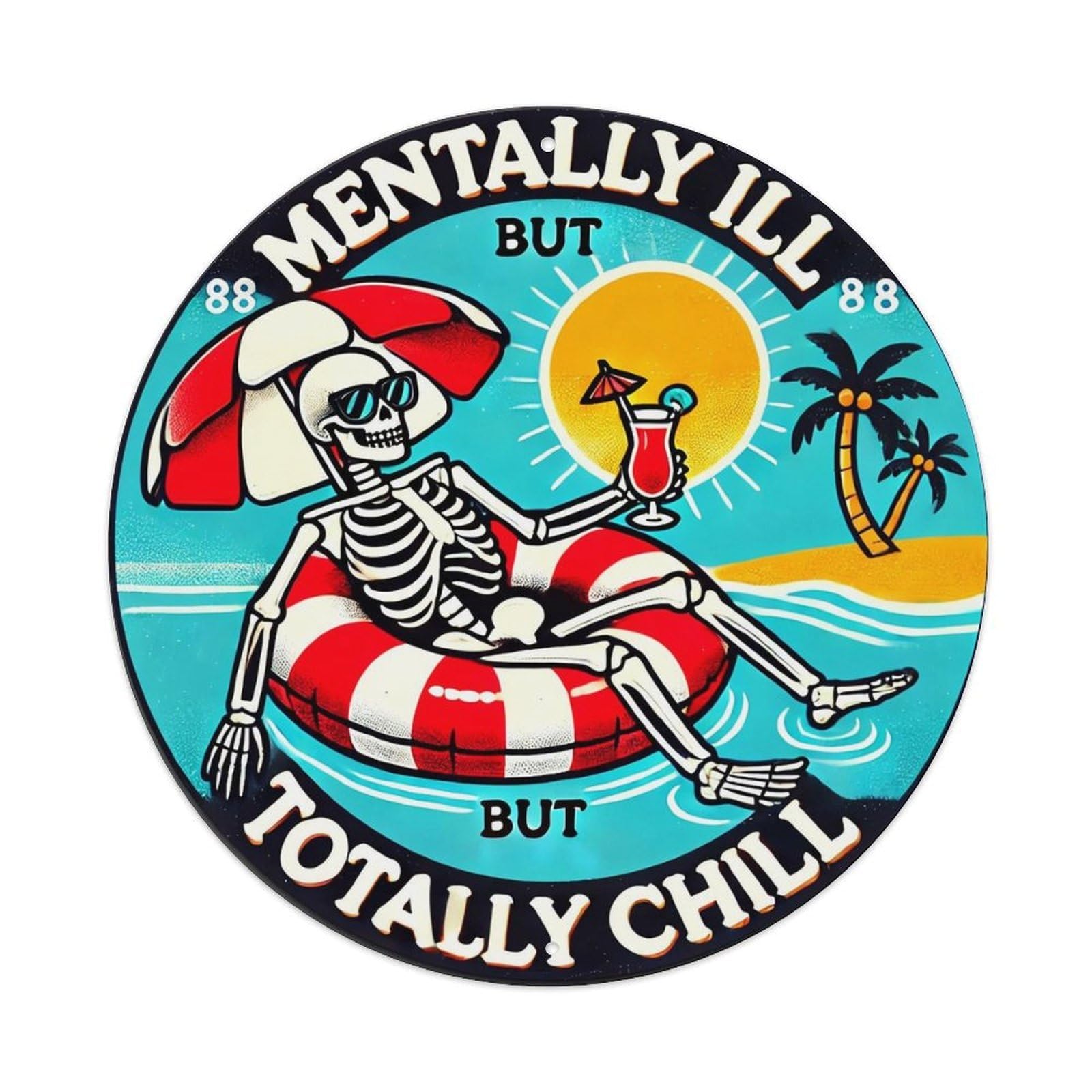 Skeleton Relaxing On Beach Float Retro Metal Tin Sign, Vintage Metal Poster for home, Gaming Room, Studio Workshop,Bar,Garage Wall Art Decor 8x8 inch