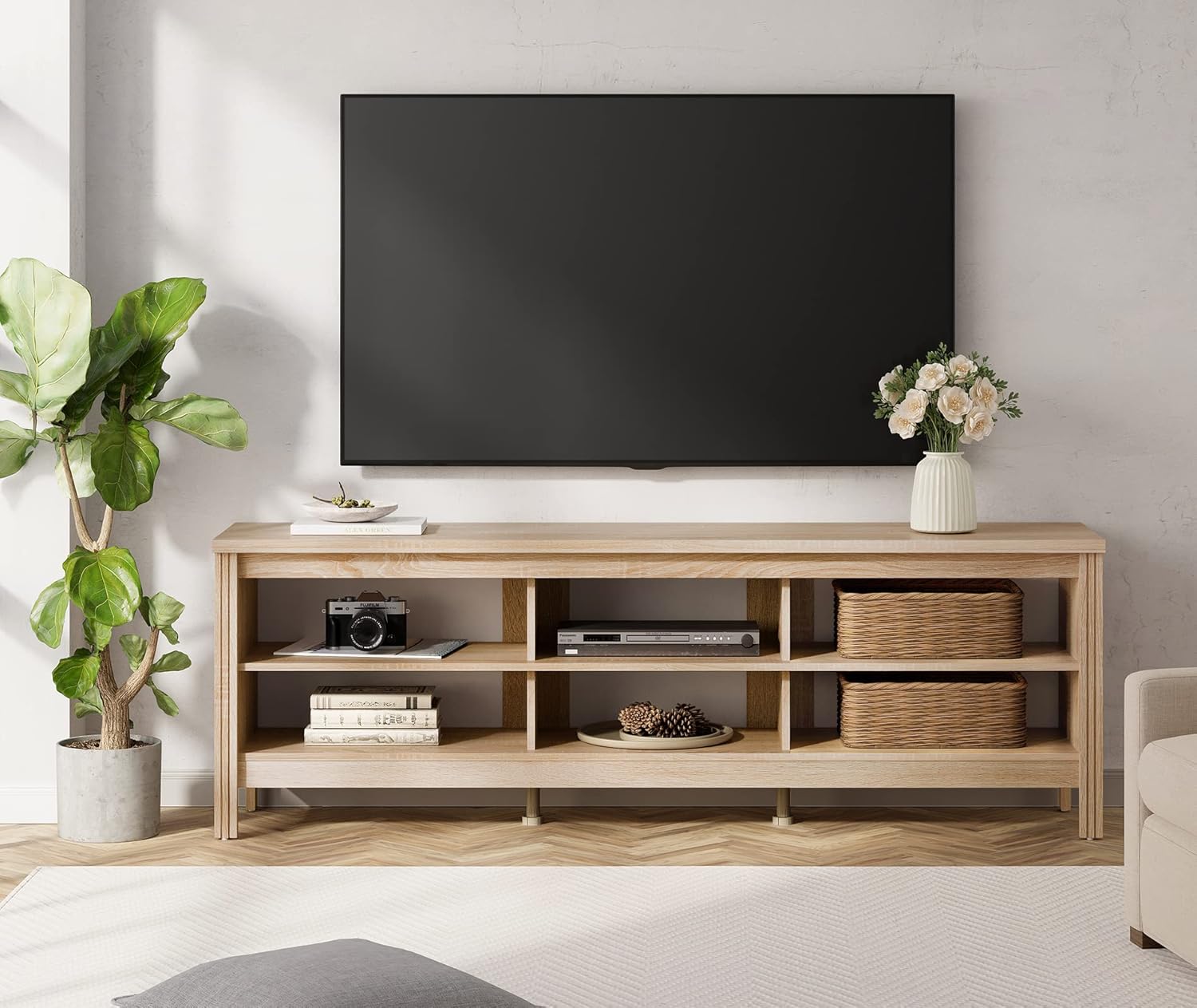 WAMPAT TV Stand for 75 inch TV Entertainment Center, Wood TV Console Media Table with 6 Cubby Storage for Living Room Bedroom, 70'' White Oak : Electronics