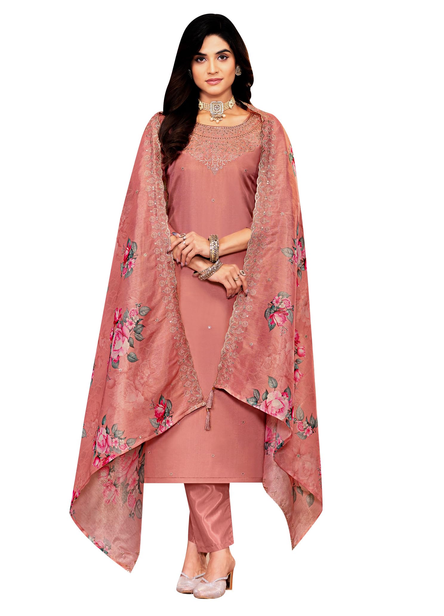 ladyline Party Wear Shimmer Silk Embroidered Salwar Kameez Suit Set for Women - Cutwork Digital Printed Silk Dupatta