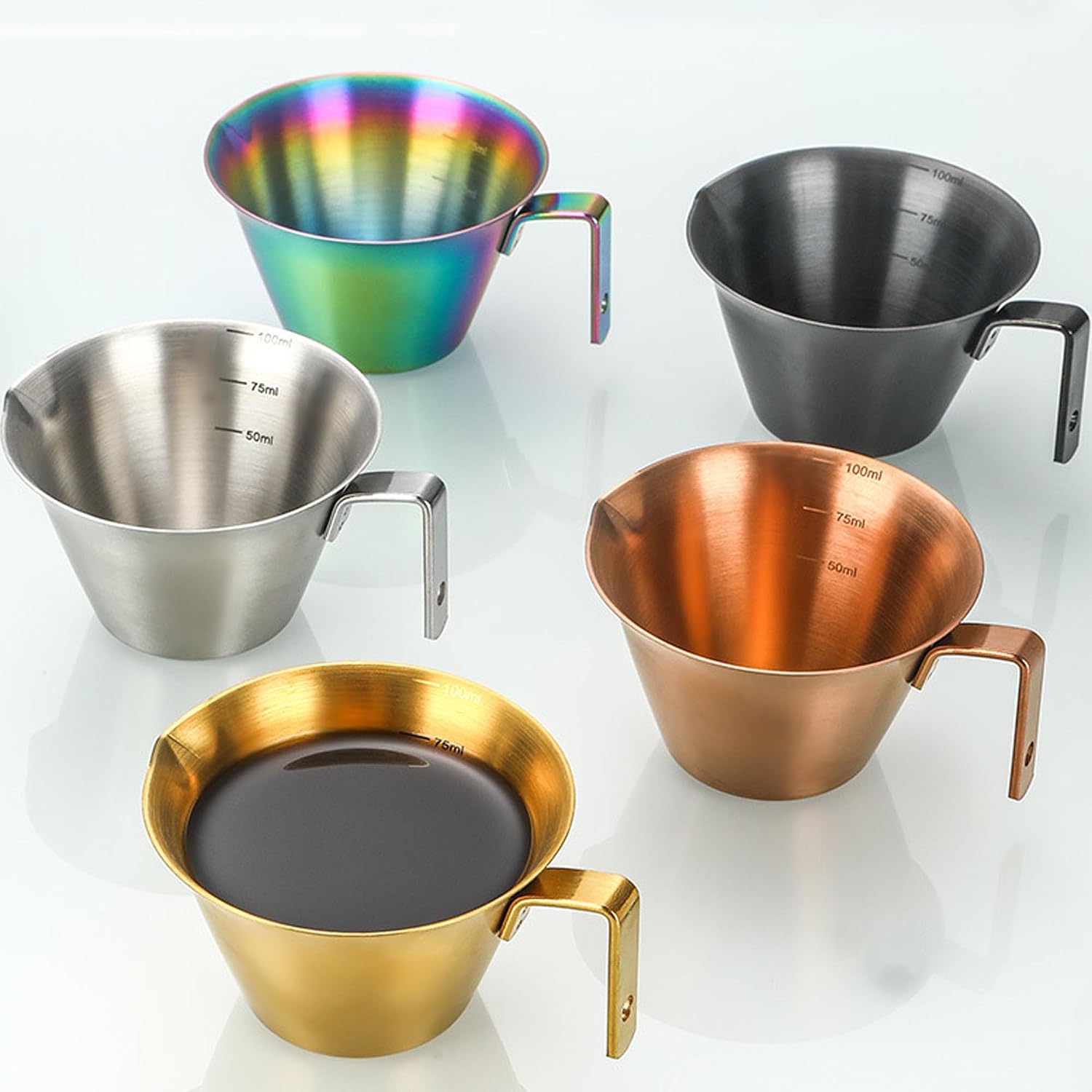 100ML Stainless Steel Espresso Cups with Handle V-Shaped Mouth Espresso Pouring Cup Coffee Cup with Scale (2, Gold Espresso Cups)