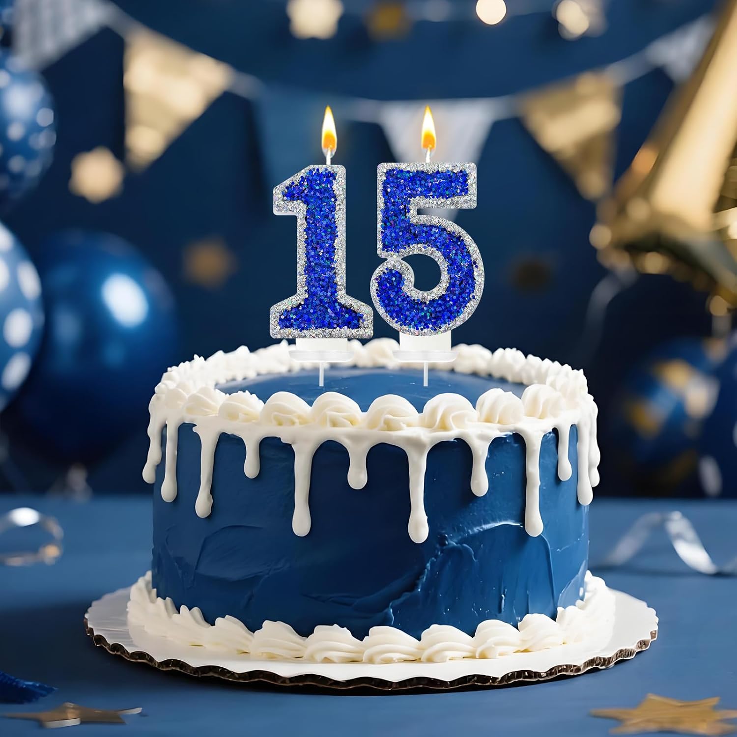 15th Birthday Decorations for Boys, Blue & Silver Glitter Number 15 Candle, Sparkly Cake Topper for Birthday Party Celebration
