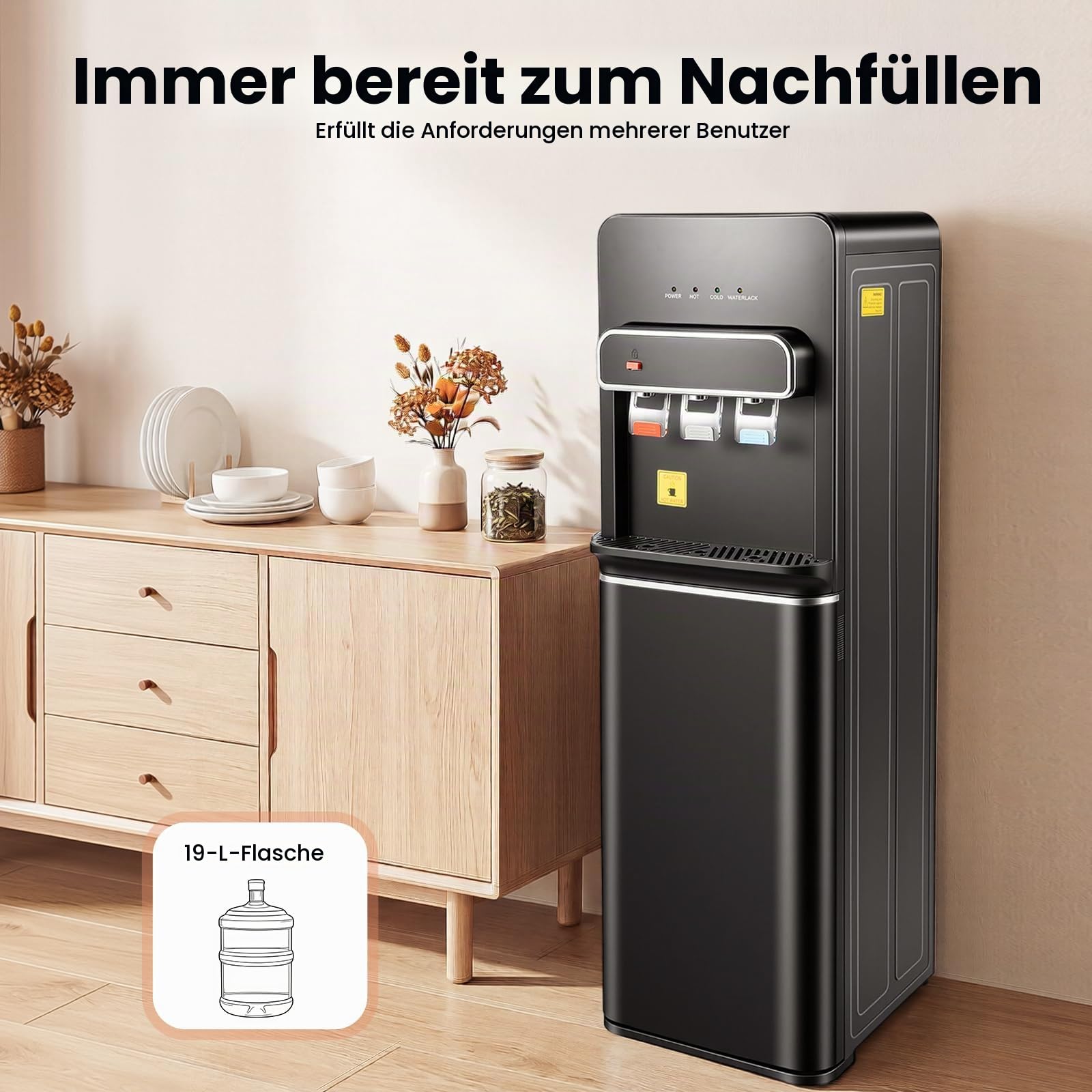 Wasserspender Stehender, 3 Temperatureinstellungen, Warm-, Kalt- und Raumwasser, Wasserkühler In Flaschen mit Bodenbeladung, für Trinkwasserausgabe im Büro, Zuhause (Schwarz)
