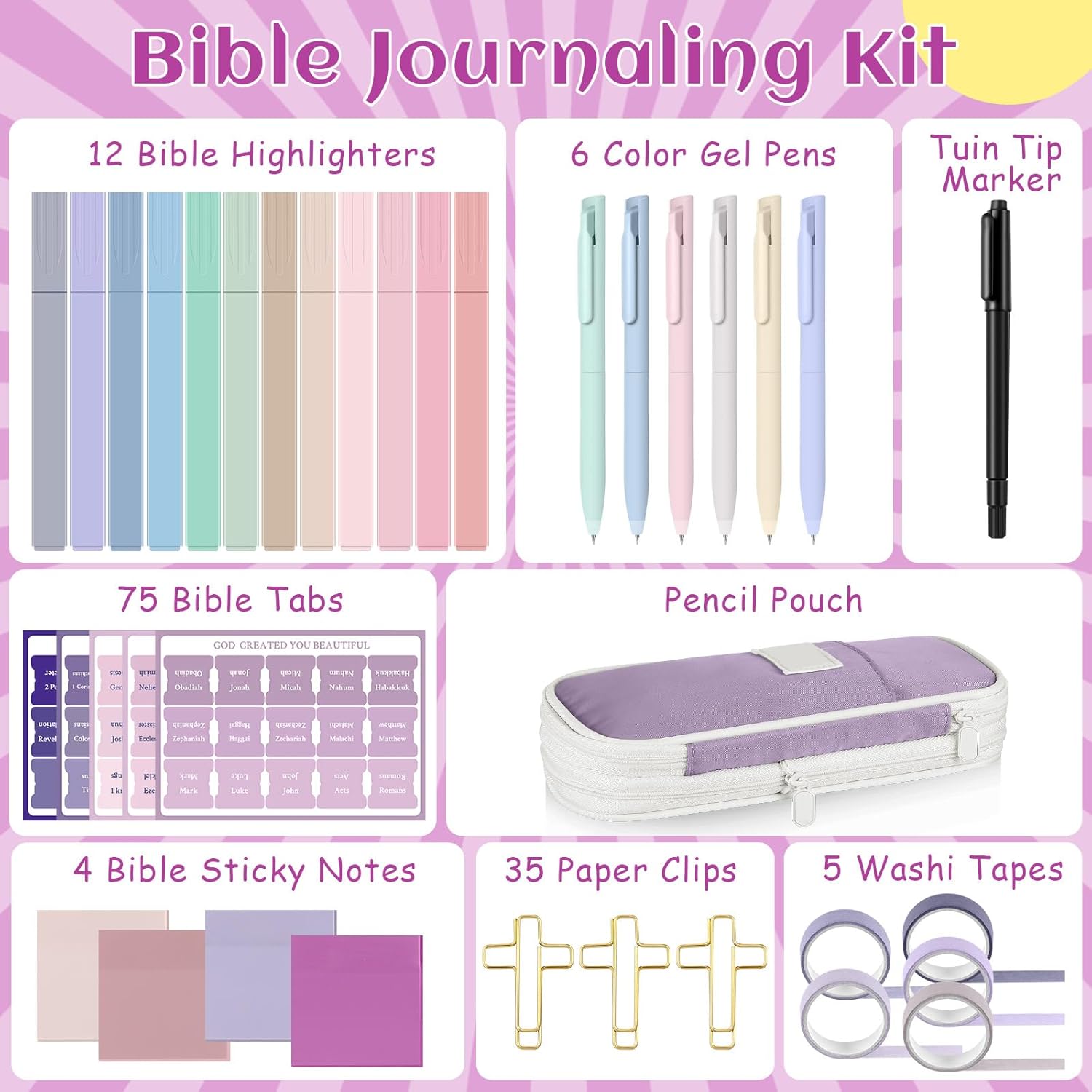 Dunzoom 137 Pcs Bible Study Supplies Journaling Kit 1 Pencil Case 12 Highlighters 4 Sticky Notes 6 Gel Pens 35 Paper Clips 3 Tapes 1 Markers 75 Tabs for Christmas Bible School Gifts(Pink Purple)