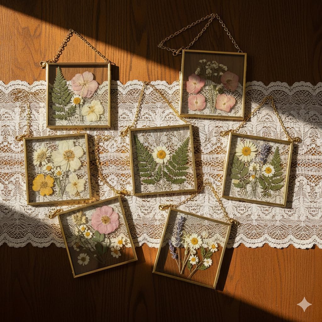 Dual Glass Pressed Flower Frames Stylish Metallic Home Decor,6 Pack 3x3 Floating Photo Frames with Metal Chain for Dried Flowers, Plants, Artwork Display, Horizontal Vertical Floating Picture Frame Sets,Golden