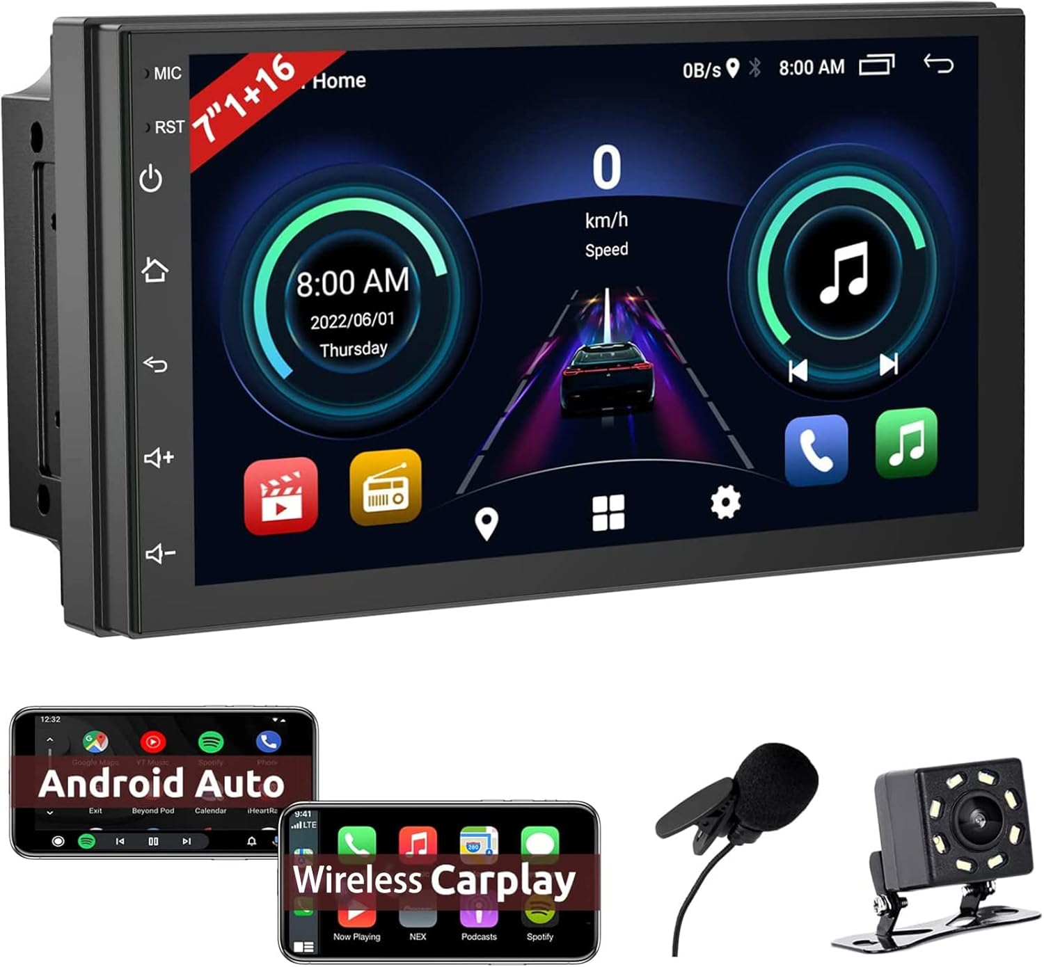 Quddiem view of the ESSGOO Android 10 Car Stereo with its 7-inch touch screen and side control buttons.